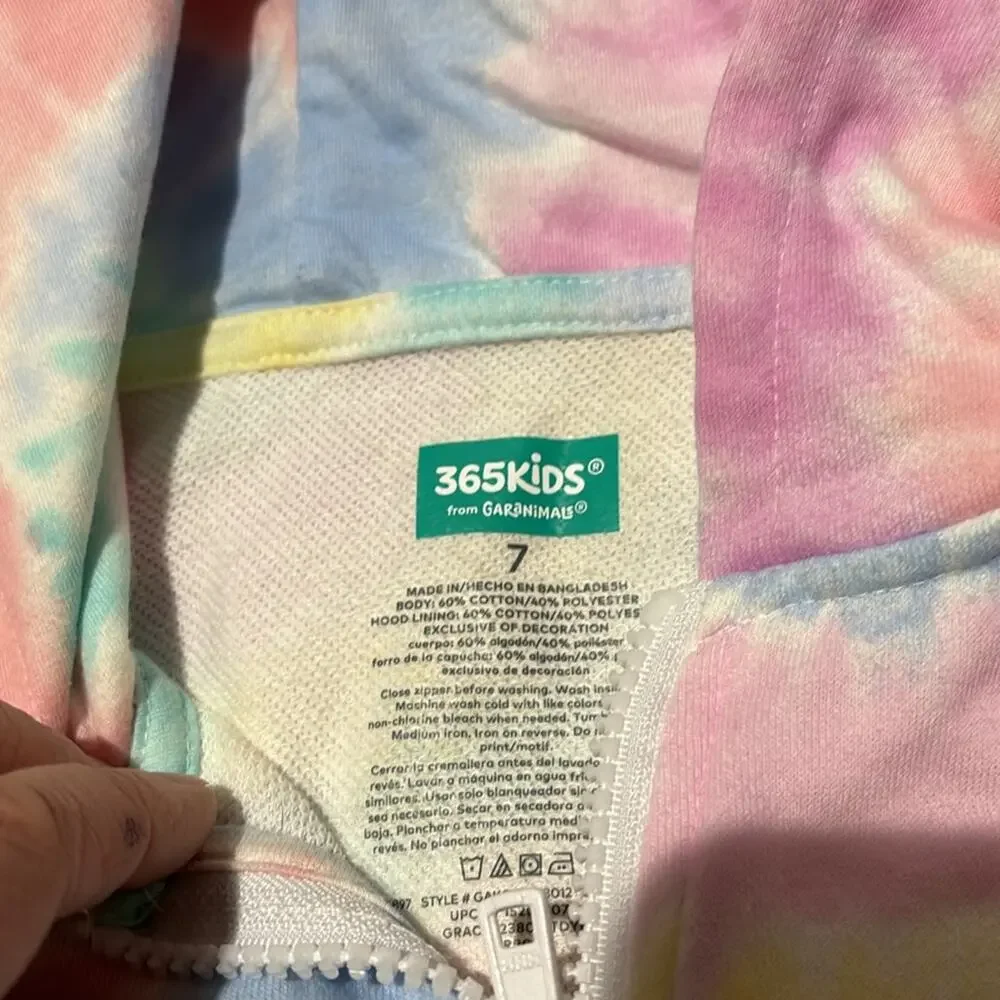 365 kids 7 Colorful Tie-Dye Kids unicorn Hoodie full front zip euc